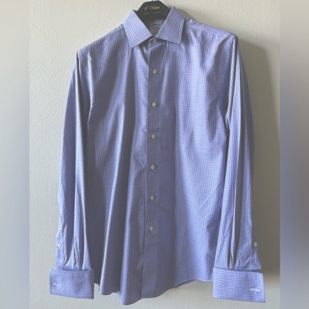 Brooks Brothers french cuff shirt in EUC. Purple/white/blue plaid pattern.